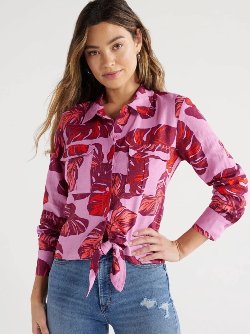 NWT Linen Blend Sofia by Sofia Vergara Tropical Leaf Tie-Front Monstera Print